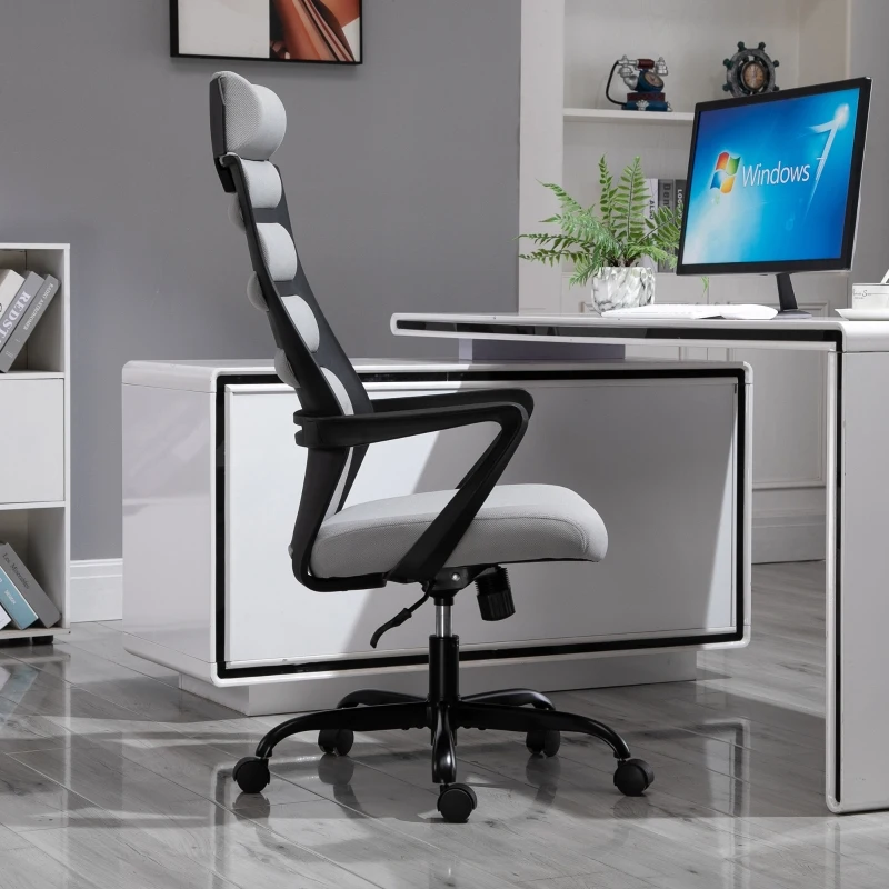 Vinsetto Bürostuhl Ergonomischer Drehstuhl mit Wippenfunktion Armlehne höhenverstellbar Kunstleinen Stahl Grau+Schwarz 60 x 64 x 112-120 cm