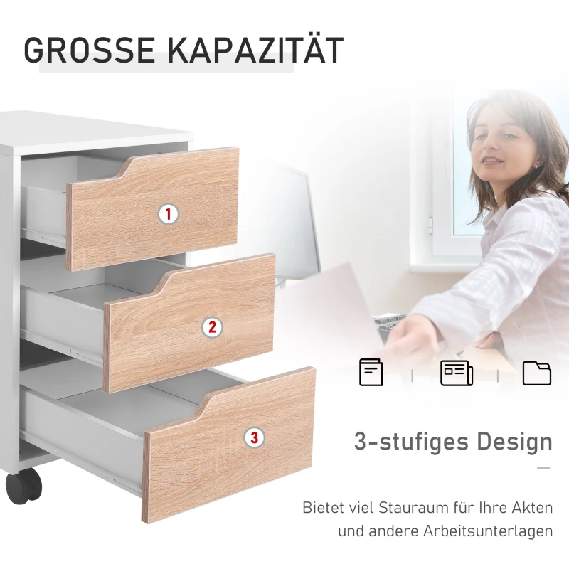 HOMCOM rolcontainer, archiefkast, kantoorcontainer met 3 lades, kantoorkast, opslag, container, 4 universele wielen, MDF, naturel + wit, 4 x 40 x 50 cm | Aosom.de
