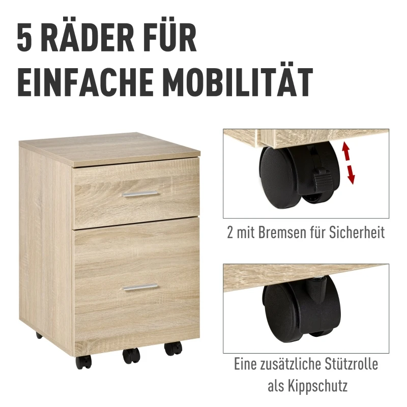 HOMCOM Kontenerek biurowy z 2 szufladami, szafka na dokumenty, szafka biurowa, przechowywanie dokumentów, płyta wiórowa, naturalny kolor, 39,5 x 39 x 58,5 cm