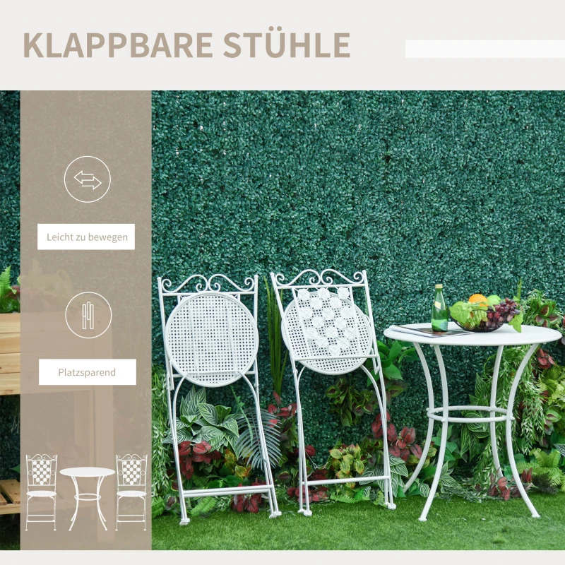 Outsunny Sitzgruppe, 3-teilige Essgruppe, Gartenmöbel-Set, 1 Tisch+2 Stühle, rund Tisch, Terrasse, Metall, Weiß, Ø70,5 x H71,5 cm