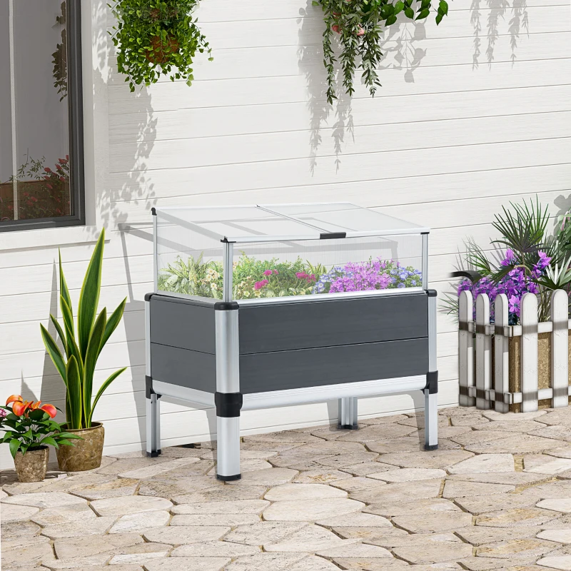 Outsunny Horta Elevada de Alumínio 78,5x47x74,5cm Estufa com Cobertura de Policarbonato e Teto Retrátil para Cultivos de Plantas Flores Cinza