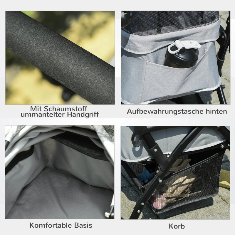 PawHut 2-in-1 Hundebuggy Transporttasche Katzenbuggy mit Universal Rad abnehmbar Abdeckung Oxford Grau+Schwarz 76,5 x 48 x 99 cm