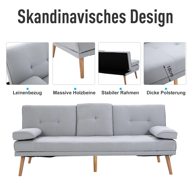 HOMCOM sofa do spania, rozkładana sofa, kanapa na 3 osoby, len, jasnoszara, 181 x 77 x 72 cm