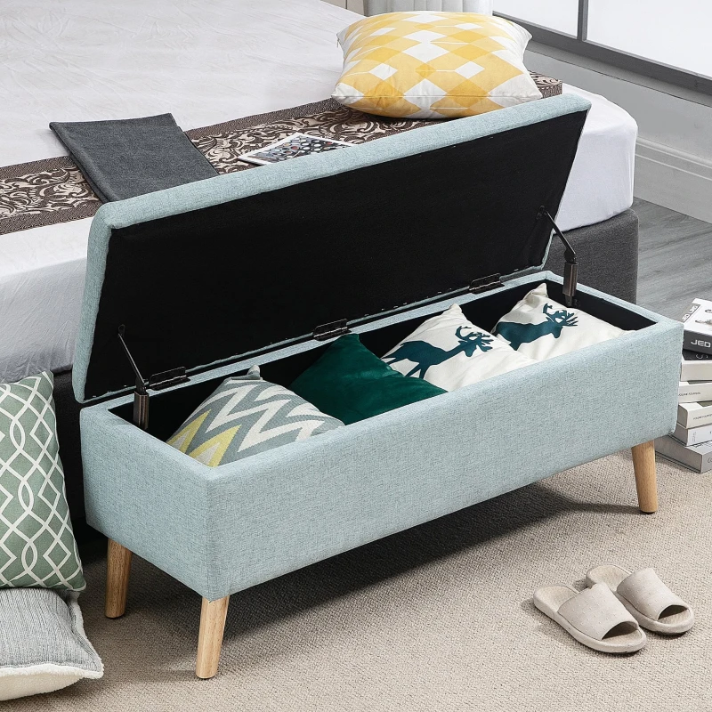 HOMCOM Bench Upholstered Bench with Storage Chest Bench Scandinavia Hallway Bedroom Living Room Linen-like Polyester Rubber Wood Light Green 110 x 39 x 45 cm