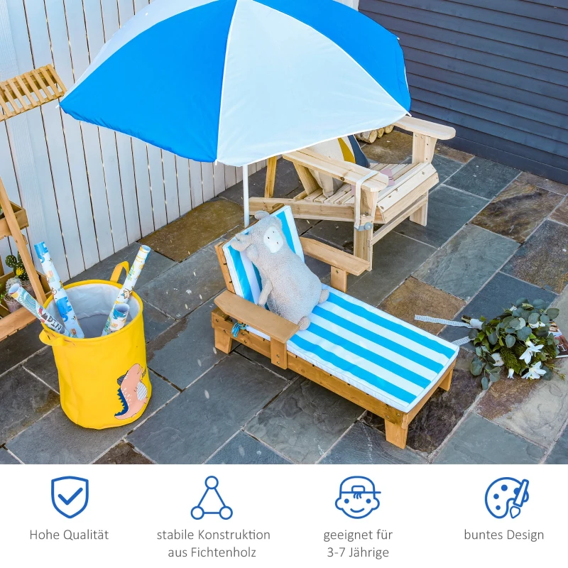 Outsunny® Kinder Sonnenliege mit Sonnenschirm Gartenliege Relaxliege für 3-7 Jahre Holz