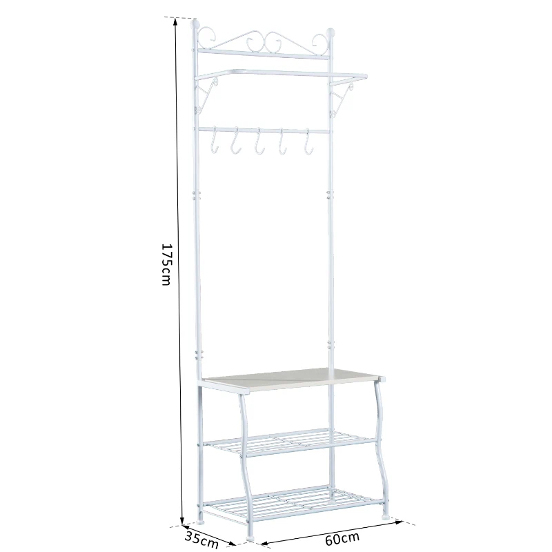 HOMCOM Garderobenständer Kleiderständer Garderobe mit 3 Schuhablagen 5 Haken Flur Stahl Weiß L60 x B35 x H175cm