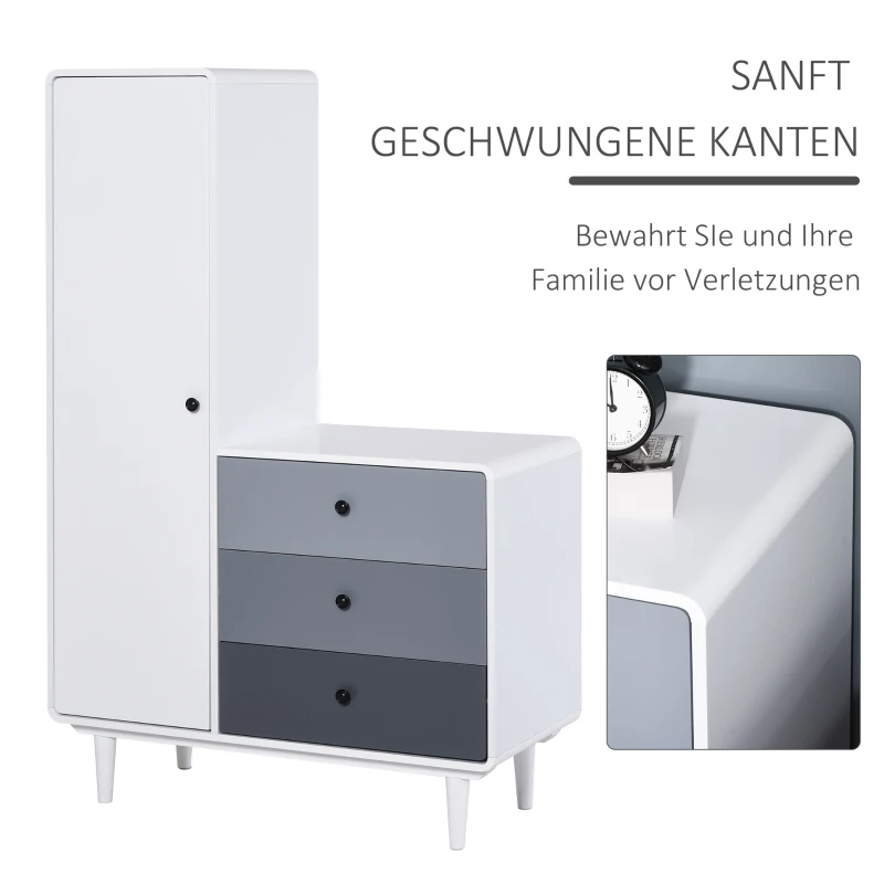 HOMCOM Kleiderschrank mit Nachttisch 2-in-1 Schrank mit Stange Schublade für Wohnzimmer Schlafzimmer MDF Holz Weiß+Grau 100 x 45 x 155 cm