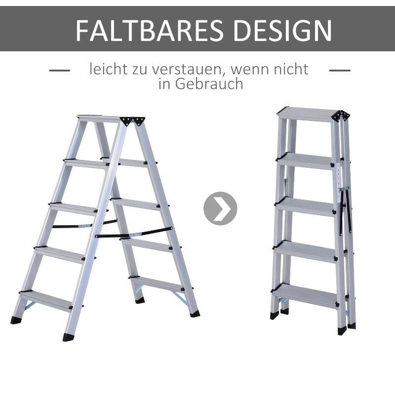HOMCOM Trittleiter mit 5 Stufen | Aluminium | Rutschfest | 88 x 45 x 103 cm