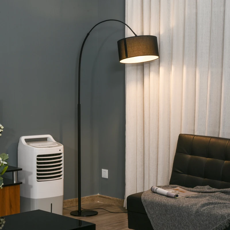 HOMCOM Stehleuchte mit 180° flexiblem Lampenschirm und verstellbarem Mast, mit rundem Metallsockel, Schlafsaal, Schwarz, Metall, Polyestergewebe, 97L x 33,5B x 179H cm