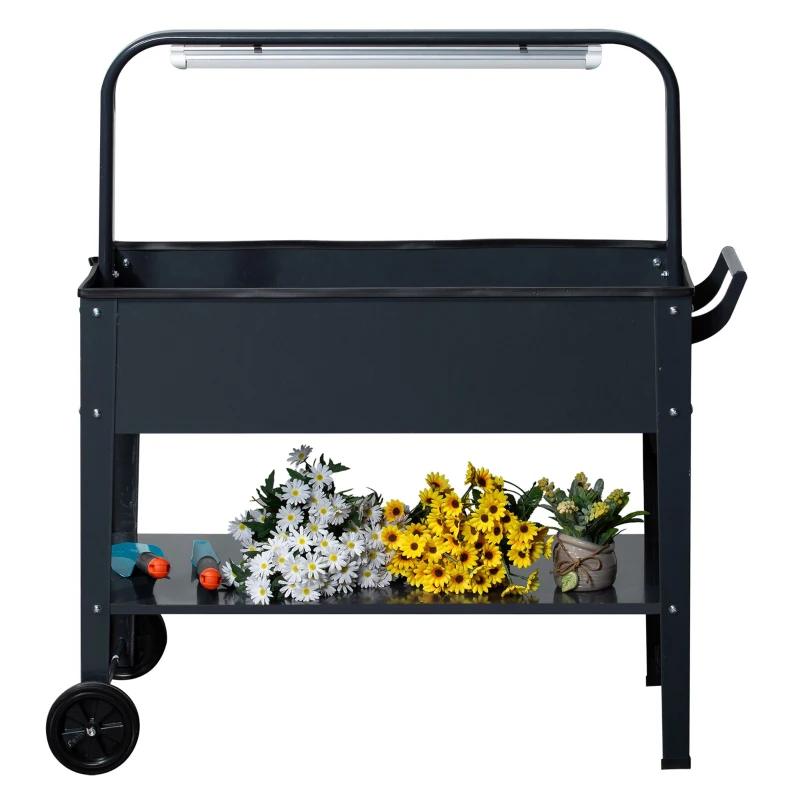 Podwyższona grządka z lampą LED kołami i półką skrzynka na zioła rośliny stalowa Outsunny