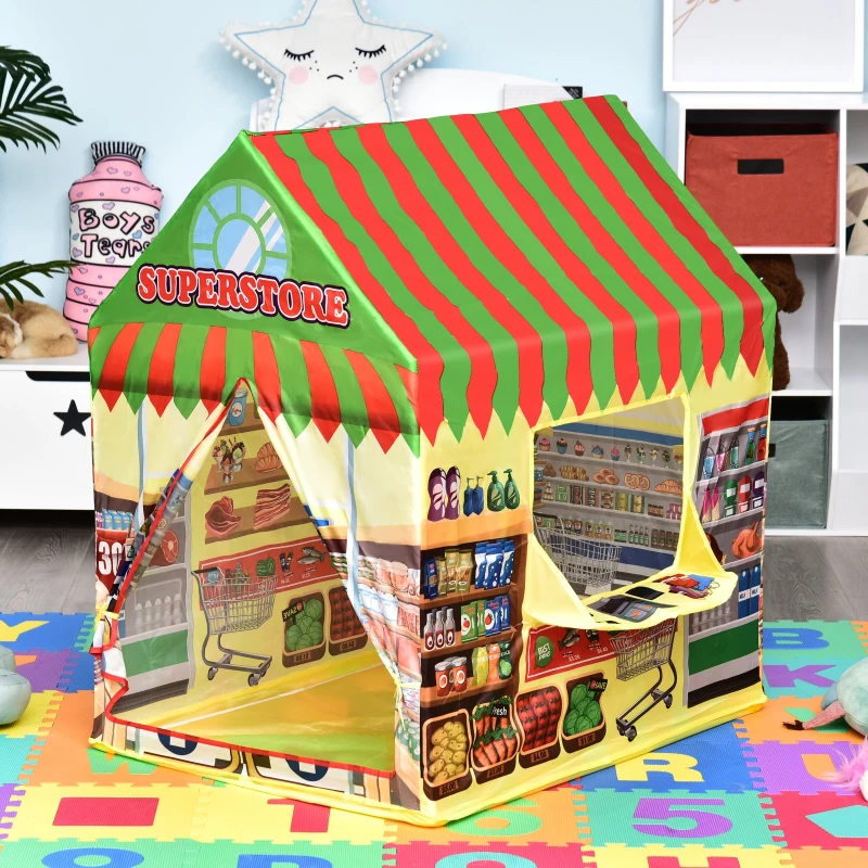 HOMCOM Kinderspielhaus Spielzelt Supermarkt Tür und Verkaufsfenster 3 Jahre Rollenspiel Polyester 93 x 69 x 103 cm