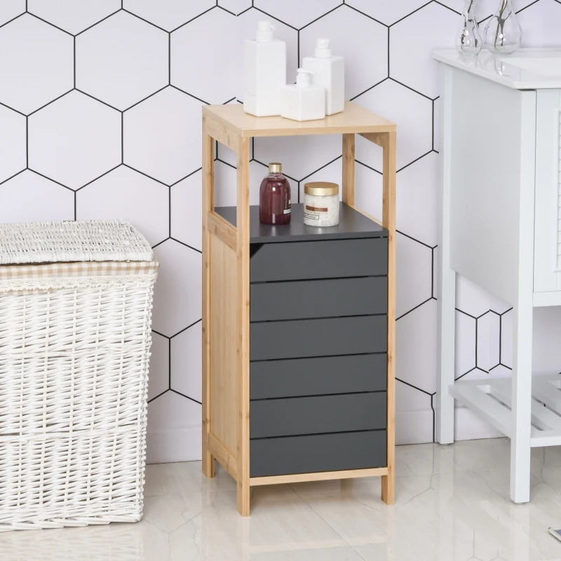 HOMCOM Badzimmerschrank Badeschrank Multifunktionsschrank 3-Stöckig Einstellbar MDF+Bambus Grau 32x30x80 cm