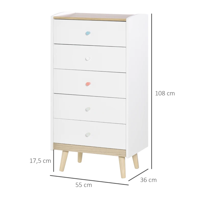 HOMCOM Kinder Kommode mit 5 Schubladen Griff Schubladenschrank für Kinder ab 3 Jahren Kinderschrank mit Antikippvorrichtung Kiefer MDF Weiß 55 x 36 x 108 cm