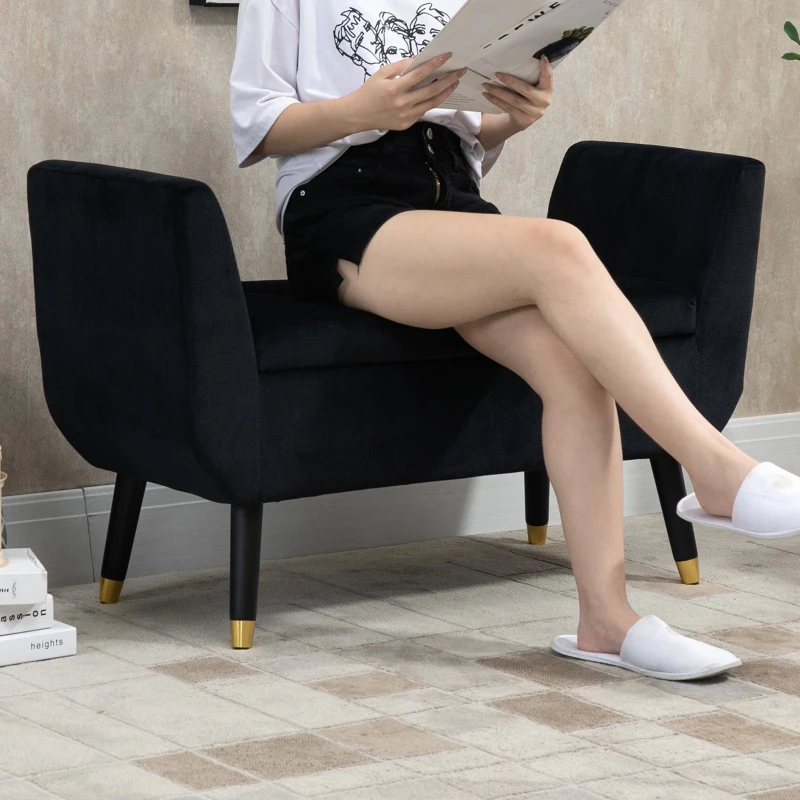 HOMCOM Luxury Ottoman Bench with Storage Armrests Trunk Bench Velvet-like Polyester Rubberwood Black 107 x 42 x 65 cm