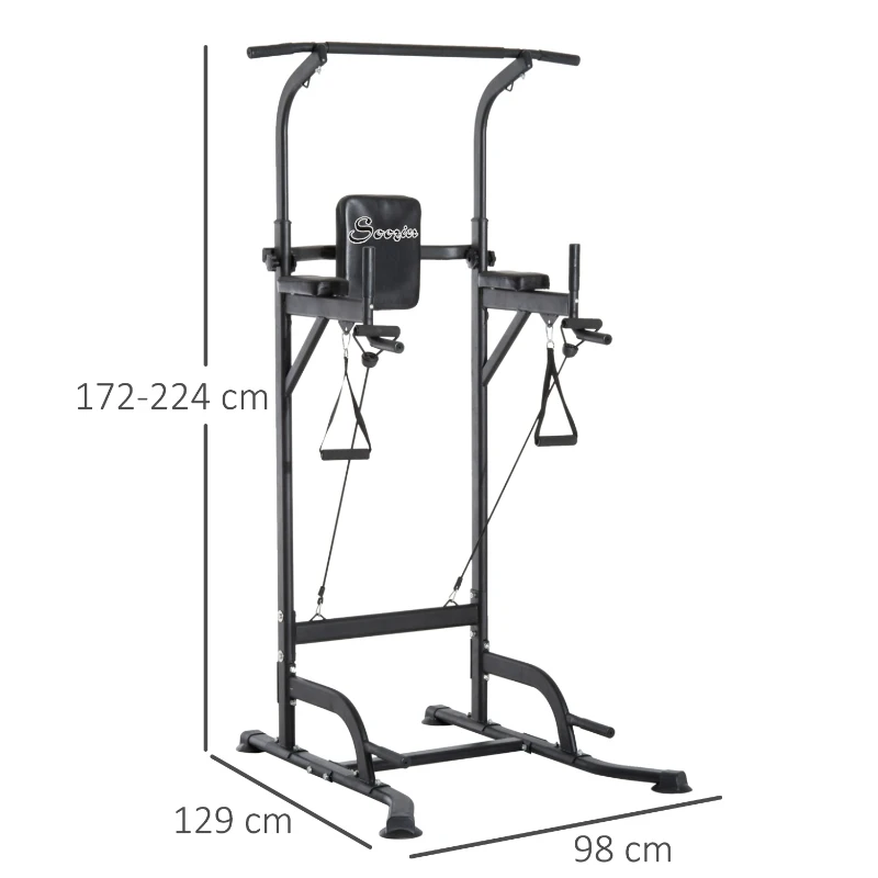 HOMCOM Kraftstation mit Klimmzugstange, Multifunktionale Dip-Station, Trainings-Gerät für Zuhause, Stahl, Schwarz, 129 x 98 x 172–224 cm