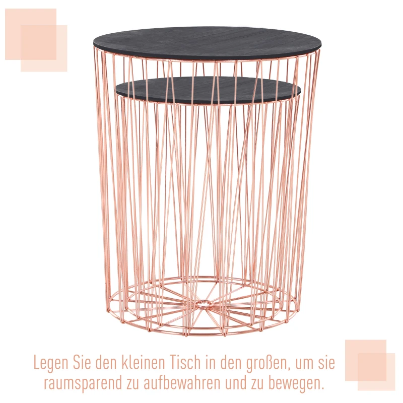 HOMCOM bijzettafel met opbergruimte 2-delige set metalen korf met houten afdekplaat nachtkastje roze goud Ø 40,7 x 49,5 cm Ø 33,8 x 40,8 cm