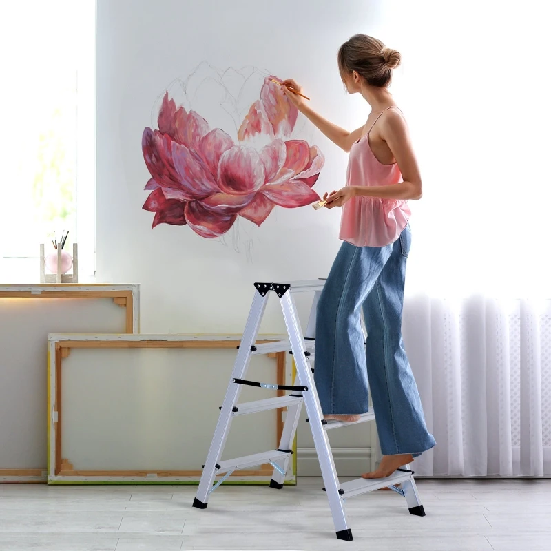 HOMCOM Trittleiter 4 Stufen | Aluminium | 81 x 42 x 72 cm | Silber