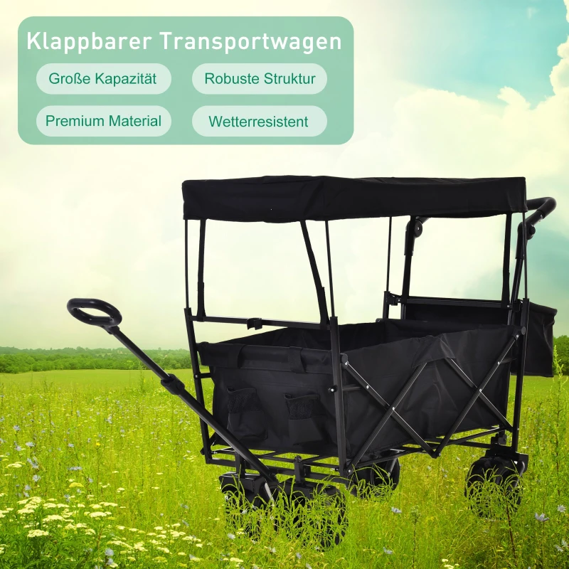 DURHAND® Bollerwagen Handwagen Gartenwagen mit Dach Faltbar extra Staubox Oxford Schwarz