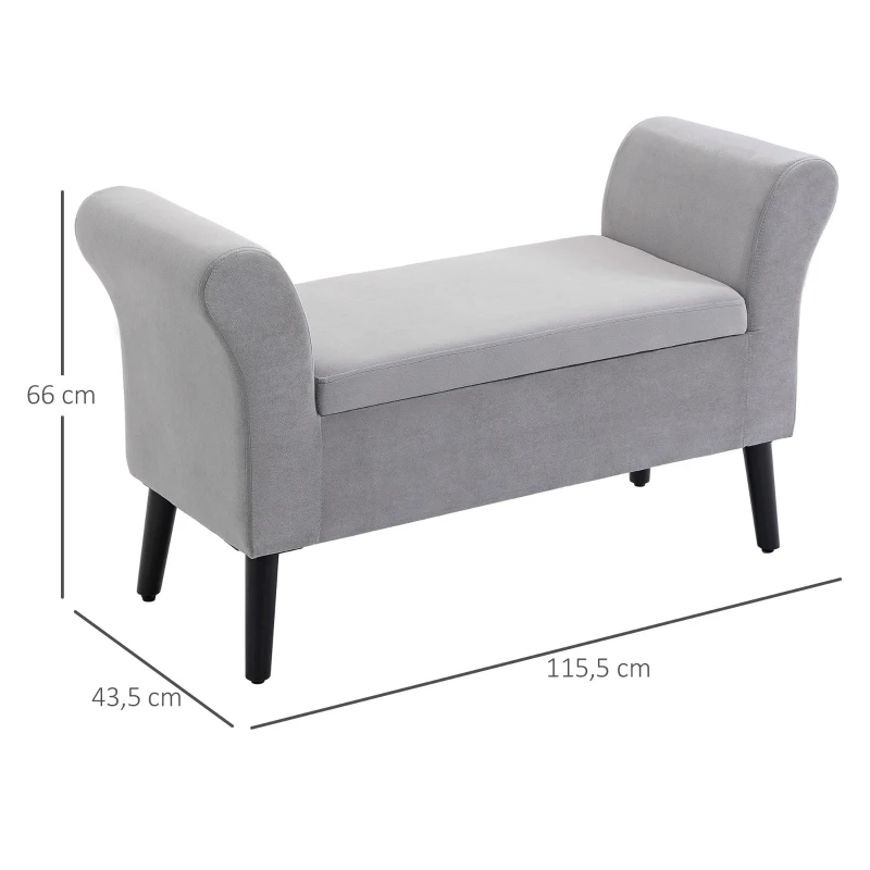 HOMCOM Ottoman Bench with Storage Armrests Chest Bench Modern Entryway Bedroom Living Room Velvet-like Polyester Rubberwood Light Grey 111.5 x 41 x 65 cm