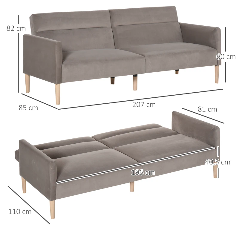 HOMCOM Schlafsofa Polstersofa mit 180° einstellbarer Rückenlehne 2 sitzer Sofa Schaumstoff Velvet-Touch nordischer Design Grau 207 x 85 x 82 cm