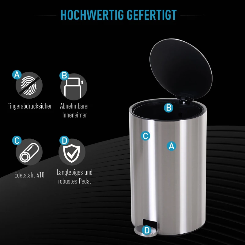 HOMCOM Abfalleimer Mülleimer Treteimer mit Inneneimer 20 L Soft Schließen Edelstahl PP Ø30,8 x 48,7 cm