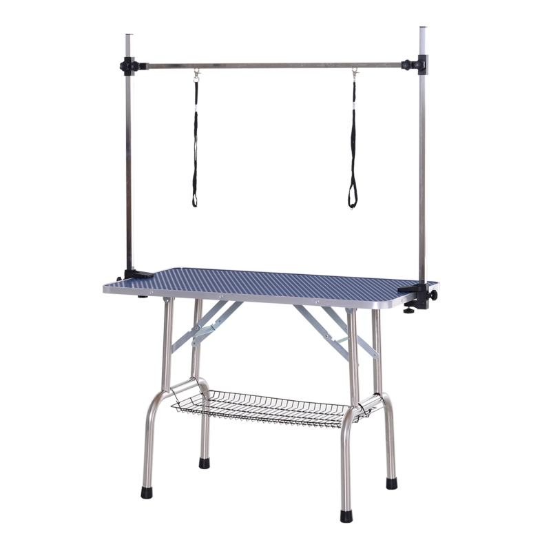 PawHut Trimmtisch Tierpflegetisch Schertisch Pflegetisch mit Unterkorb für Hunde höhenverstellbar klappbar Edelstahl Metall Blau 107 x 60 x 170 cm