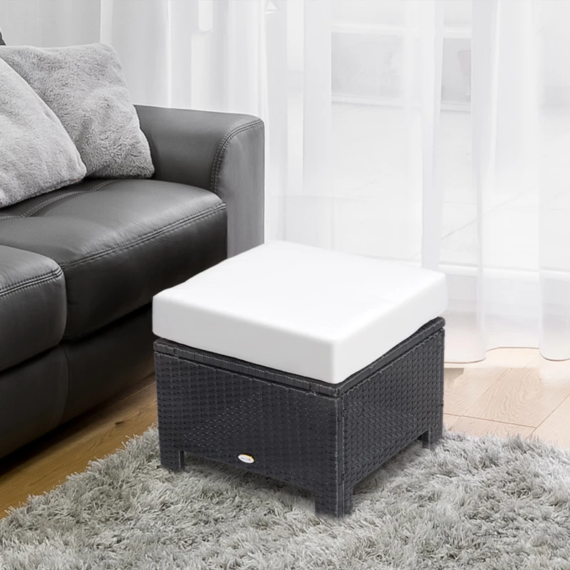 Outsunny Stołek z poduszką z technorattanu, stołek ogrodowy, taboret, stołek rattanowy, balkon, stołek do siedzenia, meble ogrodowe, kolor czarny + kremowobiały, 50 x 50 x 35 cm