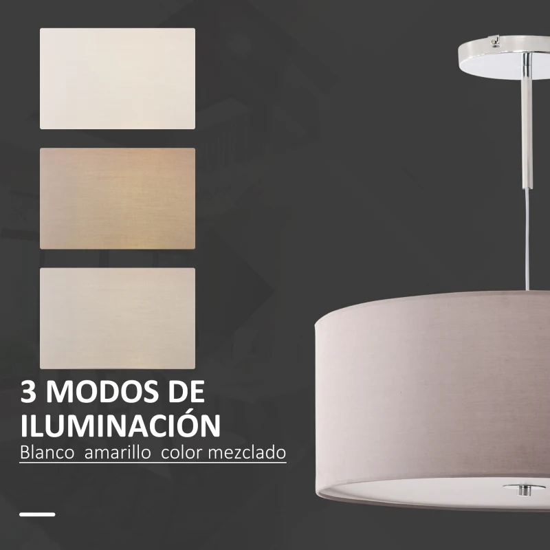HOMCOM Lámpara de Suspensión Ø59x44 cm Lámpara Colgante Textil con Luces LED 36W con 3 Modos de Color y Soporte de Metal Dormitorio Sala de Estar Gris