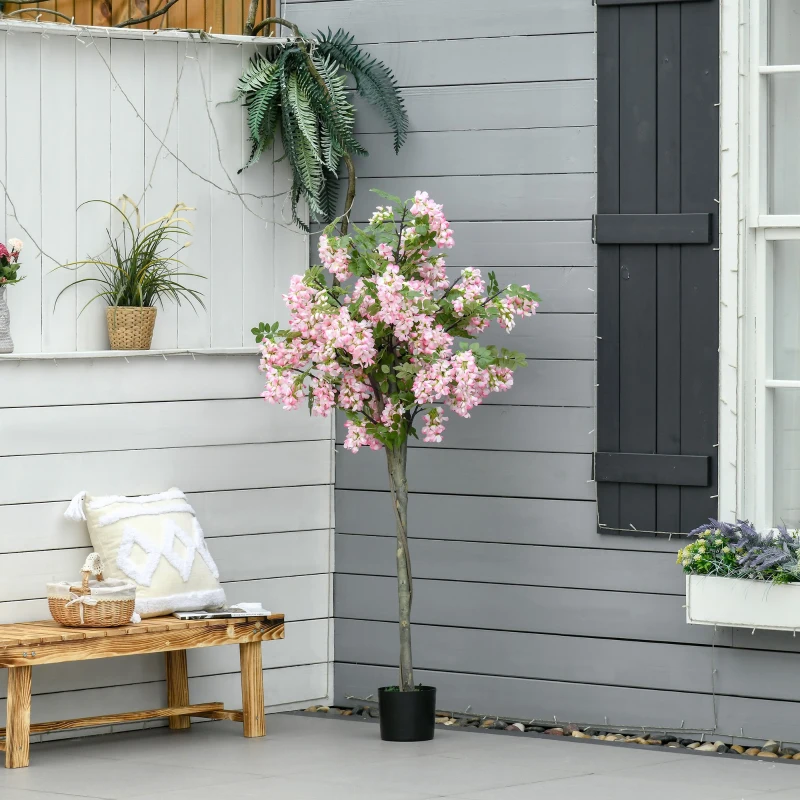 HOMCOM sztuczne rośliny w doniczce 150 cm sztuczne drzewo sznurkowe drzewo różowe kwiaty