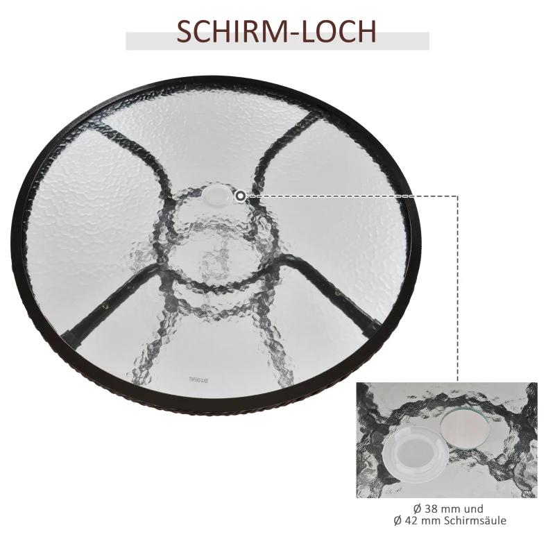 Outsunny Rattan Gartentisch runder Esstisch Glastisch Gartenmöbel Tisch Polyrattan+gehärtetes Glas Braun Ø80 x 71H cm
