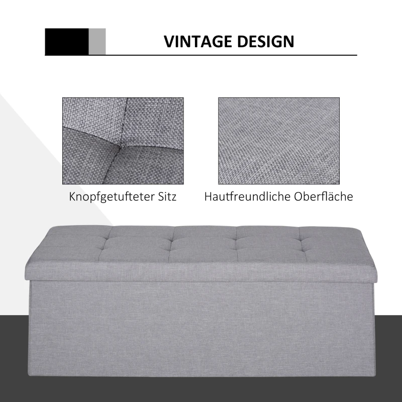 HOMCOM Pufa siedzisko z przestrzenią do przechowywania, skrzynia z podziałką, składana, z tkaniną jutową, pianka, szary, 110 x 38 x 38 cm