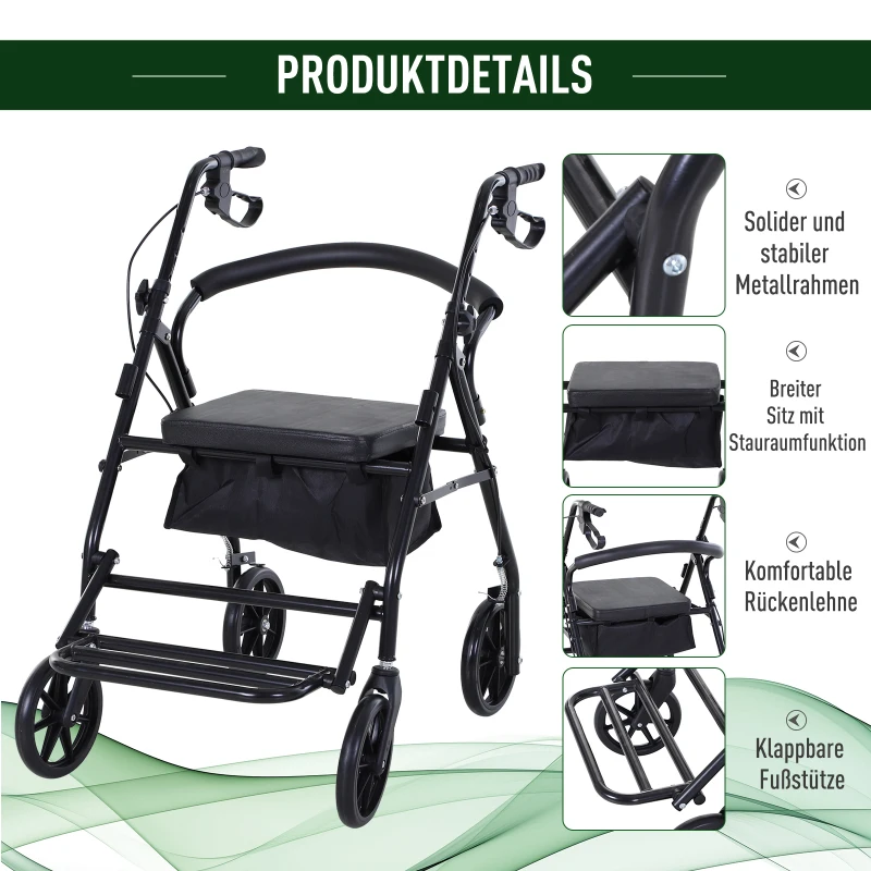 HOMCOM Rollator mit Stuhl, Faltbarer Gehwagen, Gehhilfe, Mobilität, mit Stauraum, mit Bremse, 4-stufig verstellbare Griffe, Leichtgewicht, Metall Schwarz 57,5 x 87 x 82-90 cm