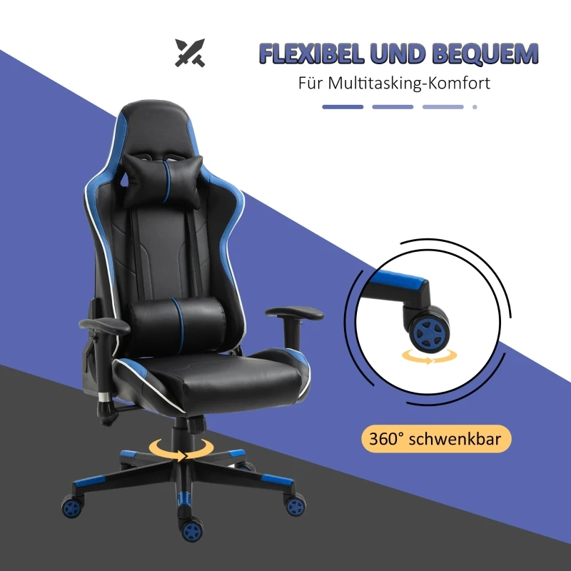 Vinsetto Gaming Stuhl mit Liegefunktion Bürostuhl Schreibtischstuhl mit Kopfstütze und Lendenkissen Griff verstellbar PVC Leder Blau+Schwarz 70 x 60 x 128-138 cm