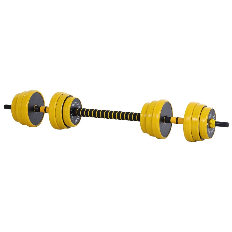 HOMCOM 25 kg Hantel & Langhantel,Einstellbare ergonomische 3-in-1 Hantelset,12 × Platten,2 × Kurze Stöcke,1 × Langer Stock,Gelb+Schwarz