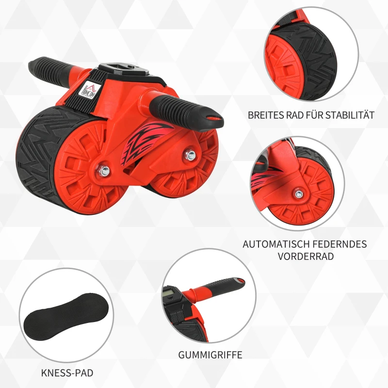 HOMCOM AB Roller Bauchtrainer Bauchroller Bauchmuskeltraining inkl. Kniematte Display ABS Gummi Rot 40 x 25 x 16 cm