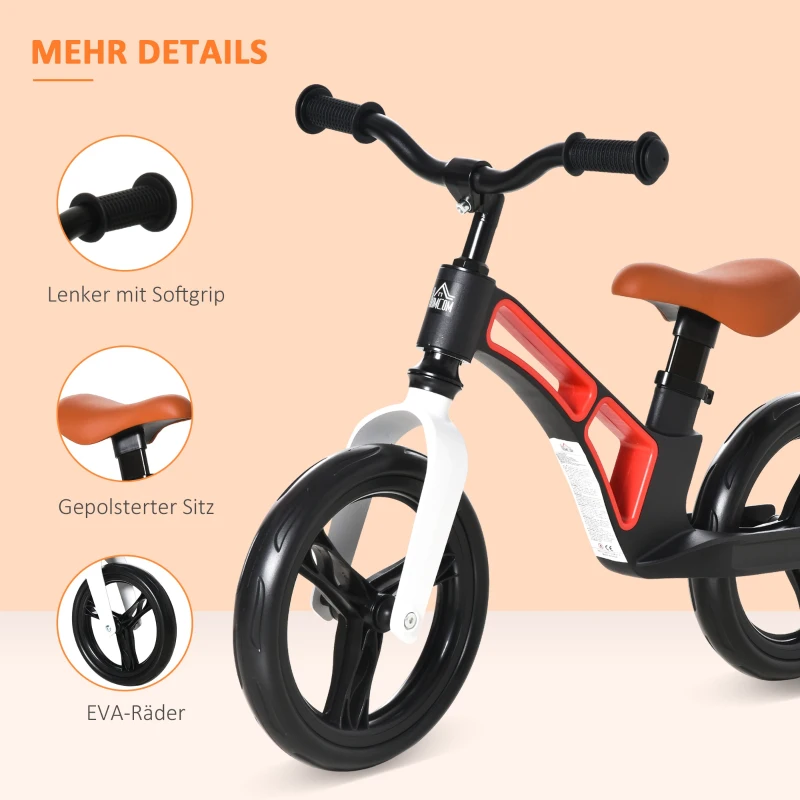 HOMCOM Laufrad ab 2 Jahre verstellbarer Sitz und Griff mit Pedaltraining Kinderlaufrad ohne Tretrad Kleinkinderfahrrad aus Magnesiumlegierung Weiß+Schwarz 86 x 41 x 49-56 cm