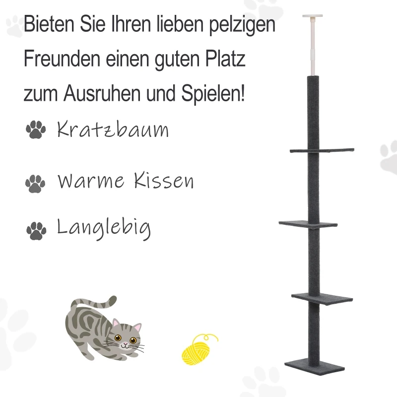PawHut Kratzbaum Deckenhoch höhenverstellbar Katzenbaum Katzenkratzbaum Katzen Kletterbaum Spanplatte Grau 43 x 27 x 228-260 cm