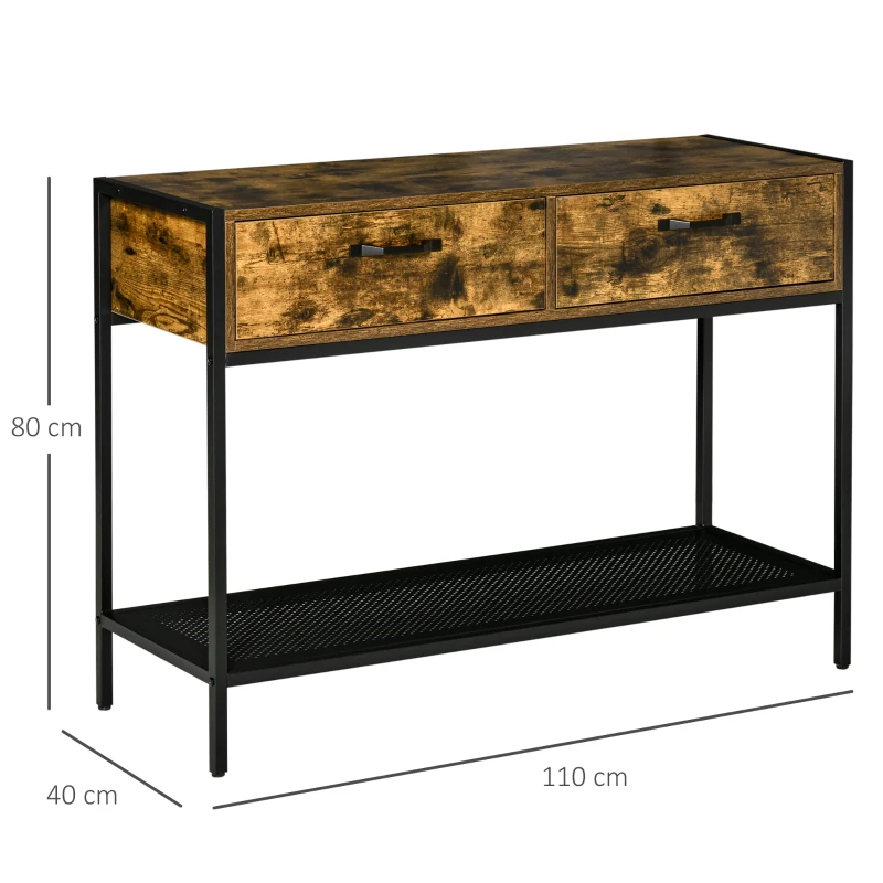 HOMCOM Konsolentisch mit 2 Schubladen Ablageboden Industriedesign Flurtisch Beistelltisch Sideboard für Wohnzimmer Flur Metall Rustikal-Braun 110 x 40 x 80 cm