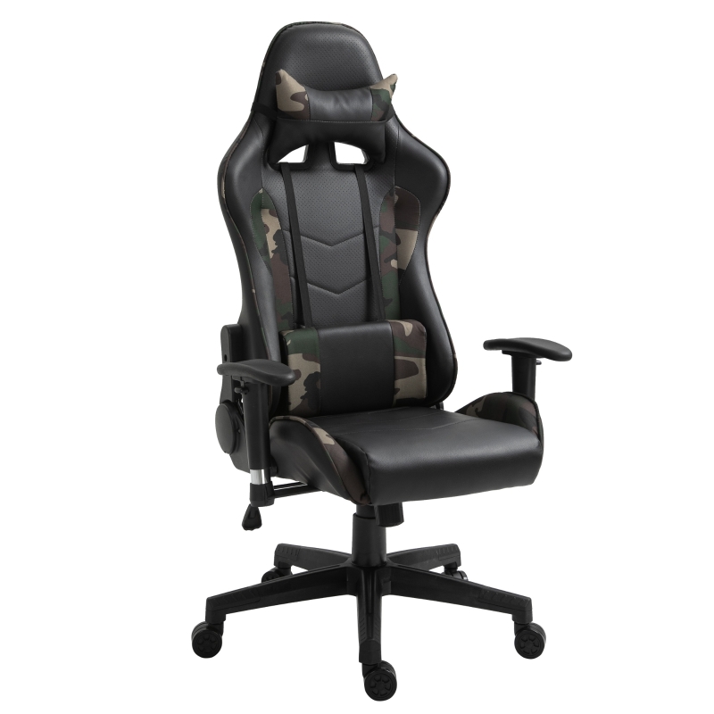 Vinsetto Massage Bürostuhl, Gaming Stuhl, Ergonomisch, Kunstleder, Schaumstoff, Nylon, Schwarz, Camouflage, 64 x 69 x 120-127 cm