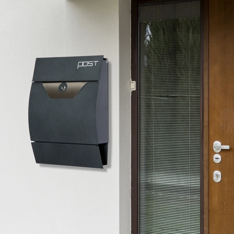 HOMCOM Briefkasten Postkasten Wandbriefkasten mit Zeitungsfach abschließbar 2 Schlüssel Stahl Grau 35 x 9,5 x 44,5cm