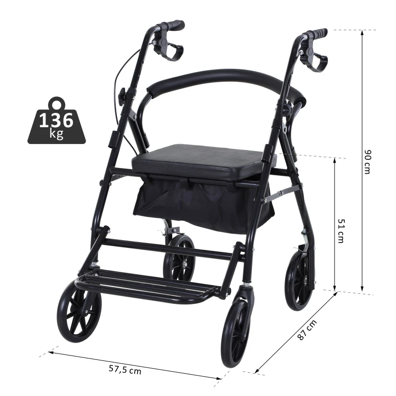 HOMCOM Rollator mit Stuhl, Faltbarer Gehwagen, Gehhilfe, Mobilität, mit Stauraum, mit Bremse, 4-stufig verstellbare Griffe, Leichtgewicht, Metall Schwarz 57,5 x 87 x 82-90 cm
