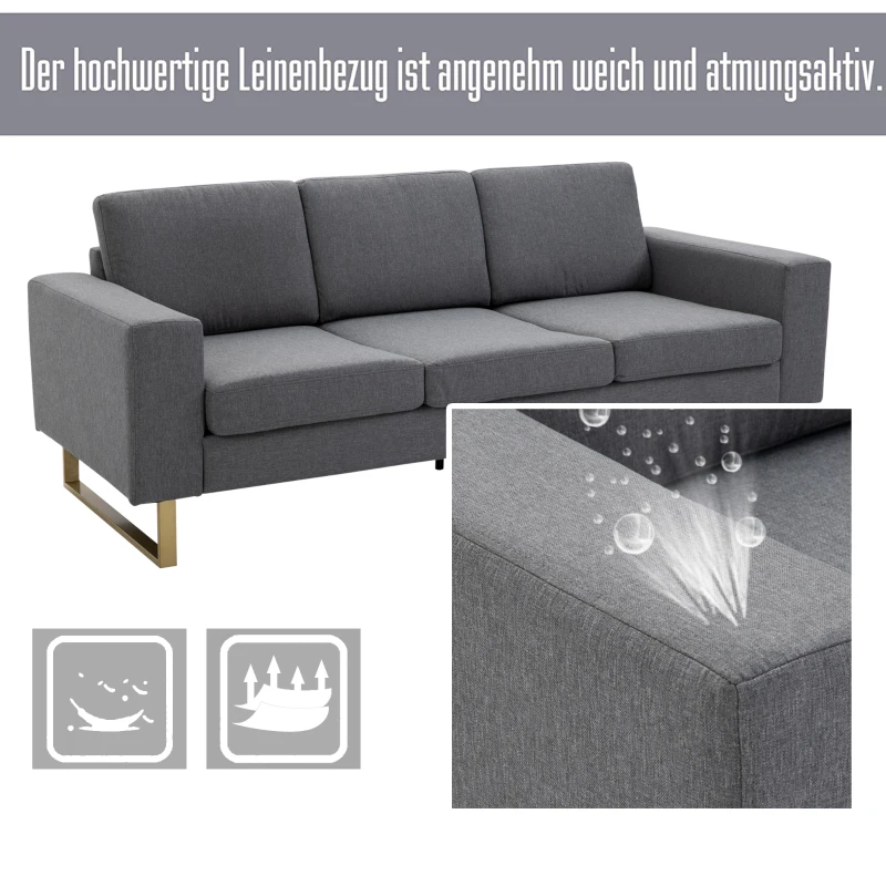 Homcom sofa 3-osobowa tapicerowana meble do siedzenia podłokietniki len ciemnoszary 200 x 82 x 78 cm