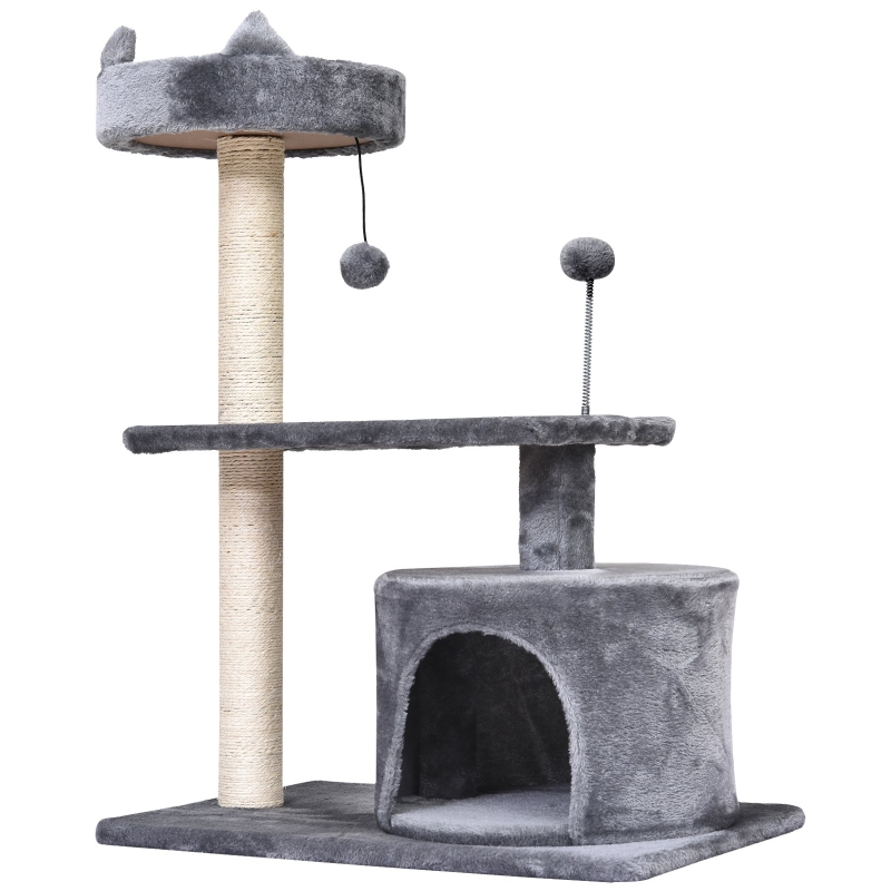 PawHut Katzenbaum mit Hängebett, 3-Stock Kratzbaum, Katzenhöhle, Katzenhaus mit Spielbällen, mit Sisalsäule und Kratzbrett, Plüsch Grau 61 x 41 x 81 cm