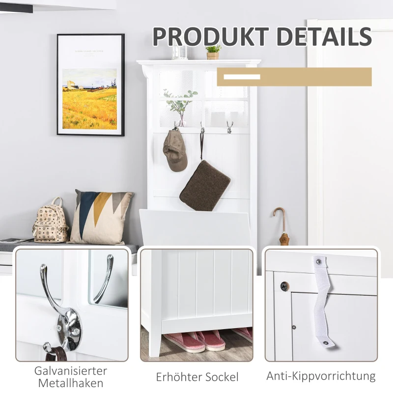 HOMCOM moderner Garderobenständer mit Bank Spiegel Kleiderbügel mit 3 Haken Aufbewahrungsschrank für Flur Schlafzimmer Wohnzimmer Weiß MDF 81 x 44,5 x 181 cm