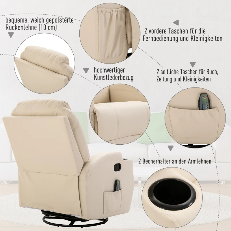 HOMCOM® Massagesessel Wärmefunktion | Eco-Leder, Schaumstoff, Metall | 84 x 92 x 109 cm | Creme