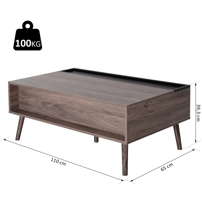 HOMCOM Couchtisch mit erhöhbarer Tischplatte Kaffeetisch Wohnzimmer mit Stauraum Spanplatte 110 x 65 x 39,3 cm