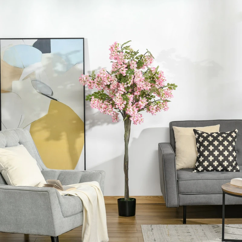 HOMCOM sztuczne rośliny w doniczce 150 cm sztuczne drzewo sznurkowe drzewo różowe kwiaty