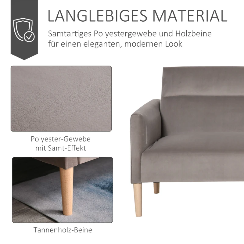 HOMCOM Schlafsofa Polstersofa mit 180° einstellbarer Rückenlehne 2 sitzer Sofa Schaumstoff Velvet-Touch nordischer Design Grau 207 x 85 x 82 cm
