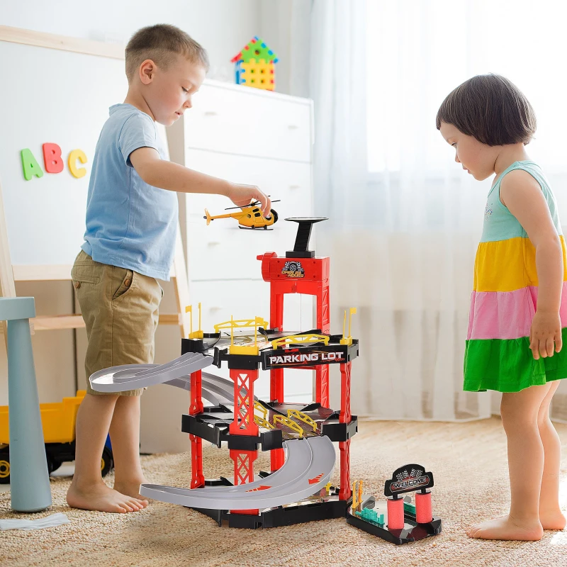 Tor wyścigowy dla dzieci Tor samochodowy Parking trzypoziomowy dla samochodów zabawkowych czerwony