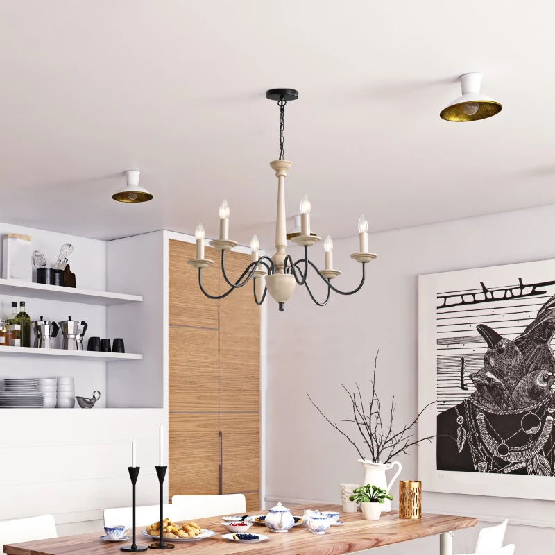 HOMCOM Kronleuchter Hängelampe 6-flammig Pendelleuchte mit Glas königlich traditionell klassisch mit 6 Armen, Stahl, Schwarz+Holzfarbe, 60x60x105 cm